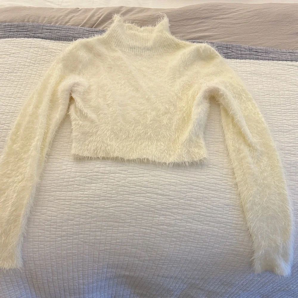 SHEIN Cream Fuzzy Turtleneck cropped Sweater - Picture 3 of 5